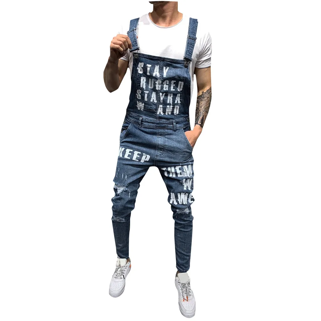 Men jumpsuit Men's Overall Casual pantalones hombre Jeans Wash Broken Pocket Trousers Suspender pantalon invierno hombre Pants