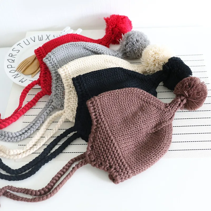 

Newborn Baby Winter Warm Knit Cotton Hat With Braids Pompom Bonnet Enfant Accessory Christmas Hat