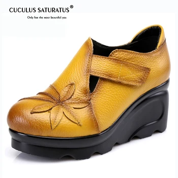 

Cuculus 2020 Women Autumn Genuine Leather High Heels Shoes Handmade Vintage Flower Embroidered Wedges Shoes Woman Pumps 1875