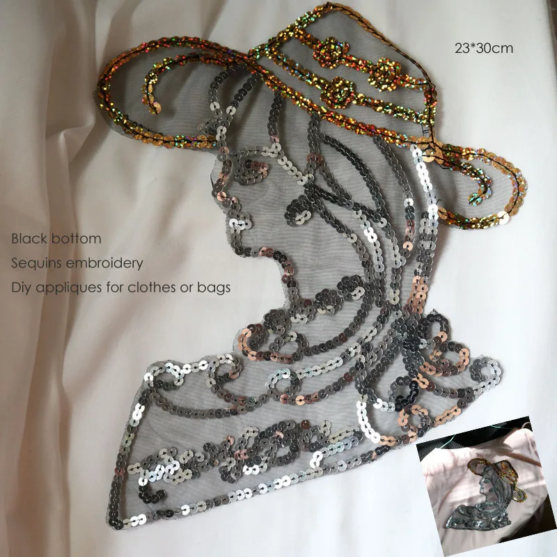 

1pc fashion girl patches for clothing sequin embroidery lady appliques Sequins parche DIY handmade clothes accessories