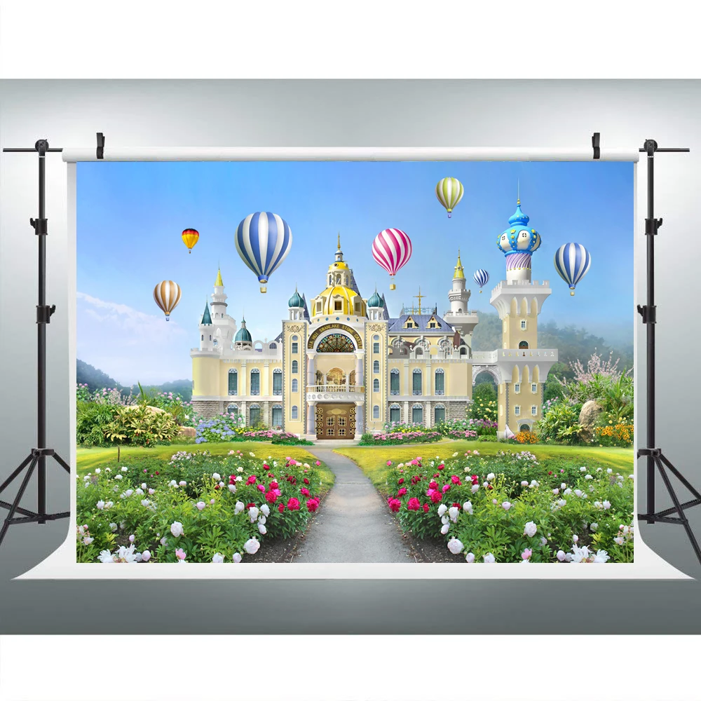 Фотофон 7x5ft сказочный замок красные и синие воздушные шары с цветами фон сад для дня рождения