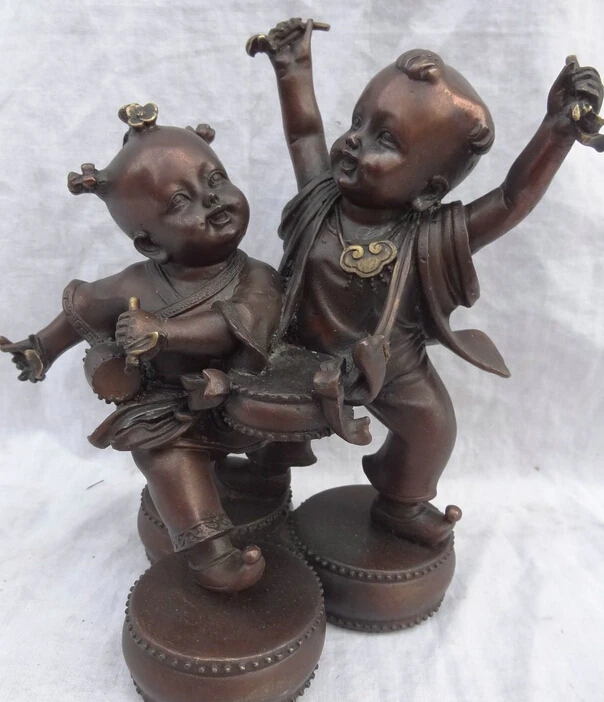 

575++Folk Chinese Bronze Happy 2 Chindren Dance Kid Beat Boy & Girl On Drum Statue