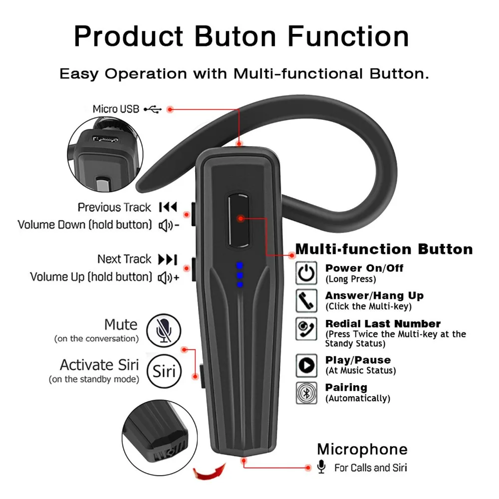 Bluetooth-гарнитура, беспроводной наушник с микрофоном и кнопка выключения звука для бизнеса/вождения, Bluetooth V5.0 240 часов в режиме ожидания