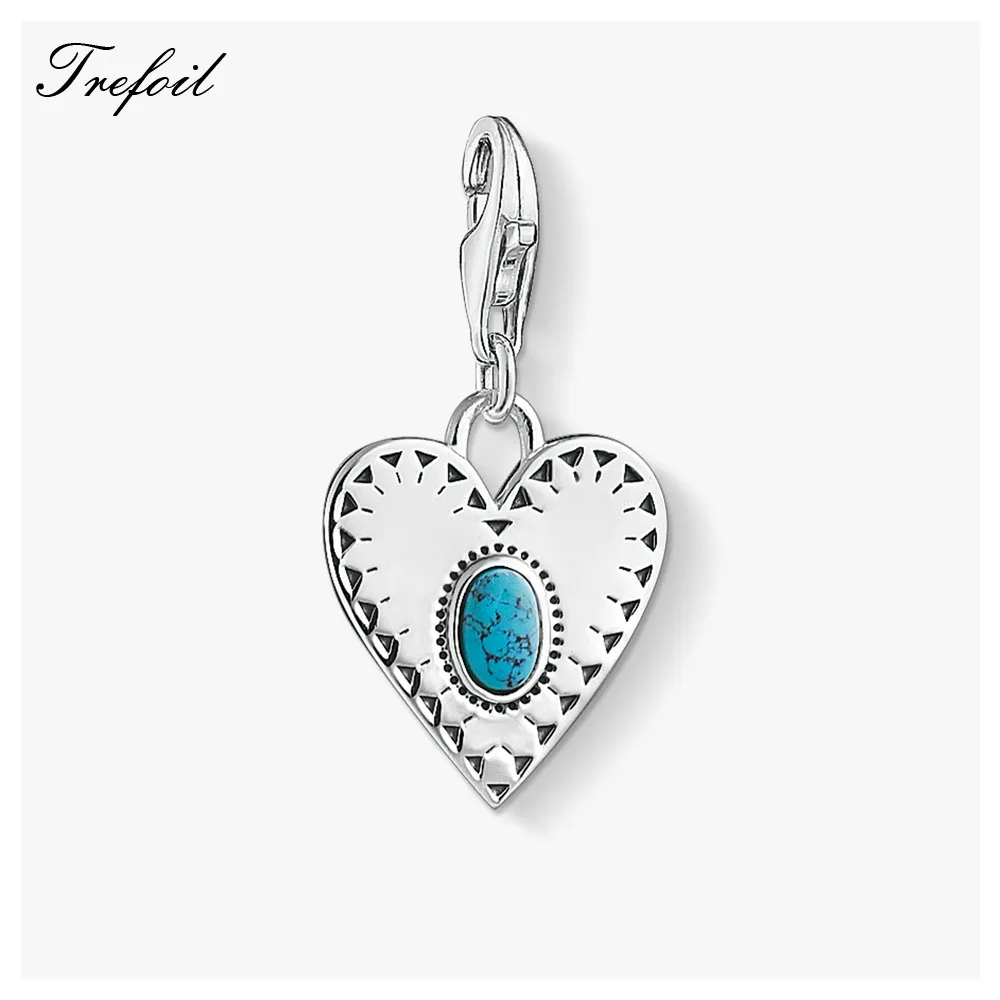 

Blue Stone Heart Charms Pendant,2019 Summer Jewelry 925 Sterling Silver Bohemia Gift For Women Fit Bracelet Necklace Bag New