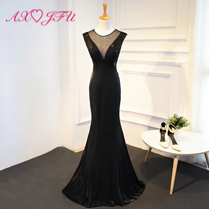 

AXJFU Princess o neck illusion black satin mermaid evening dress luxury vintage sexy zipper black trumpet evening dress