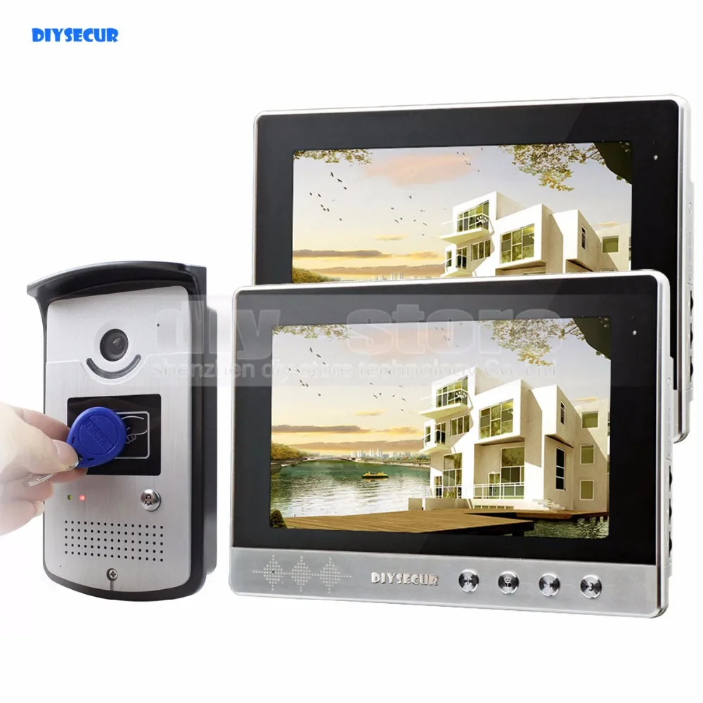 

DIYSECUR 10 inch Wired Video Door Phone Doorbell Home Security Intercom System RFID Camera Night Vision 1 Camera 2 monitors