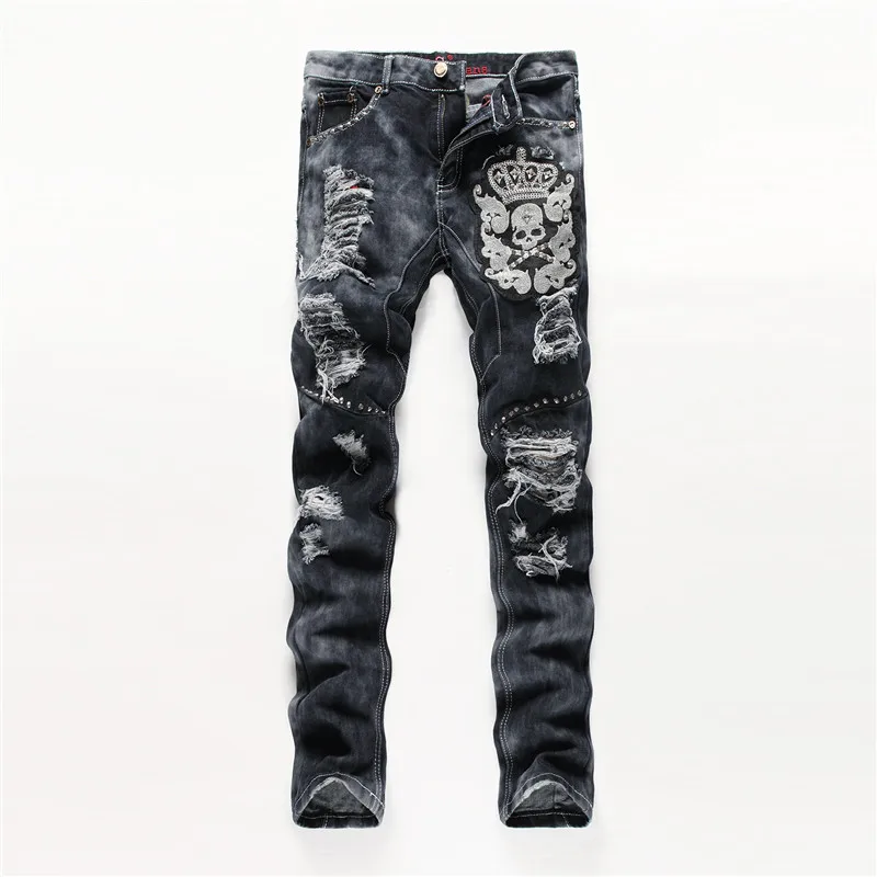 Frazzle джинсы мужские Сплит-соединение прямые тонкие джинсовые брюки черные вышитые череп узор дизайн повседневные мужские s длинные джинсы