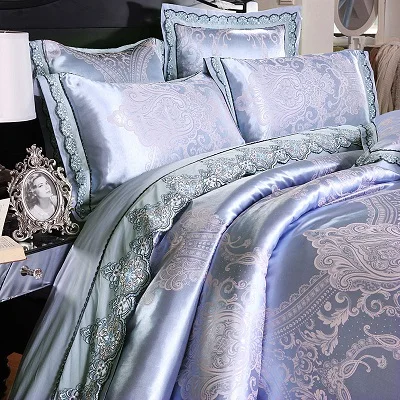 White Silver Color Jacquard Luxury Bedding sets 4/6 Pcs Queen/King size lace cotton Stain Bed set Bed linen Duvet cover pillow 78