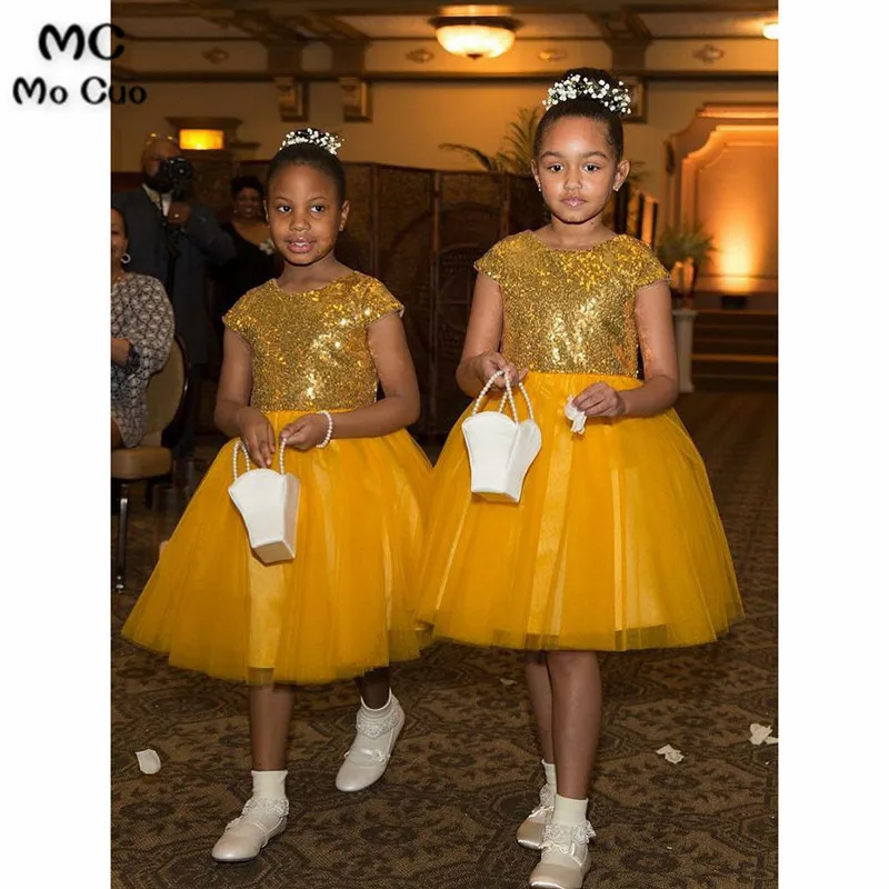 A-Line Round Neck Knee Length Yellow Flower Girl Dress with Sequins