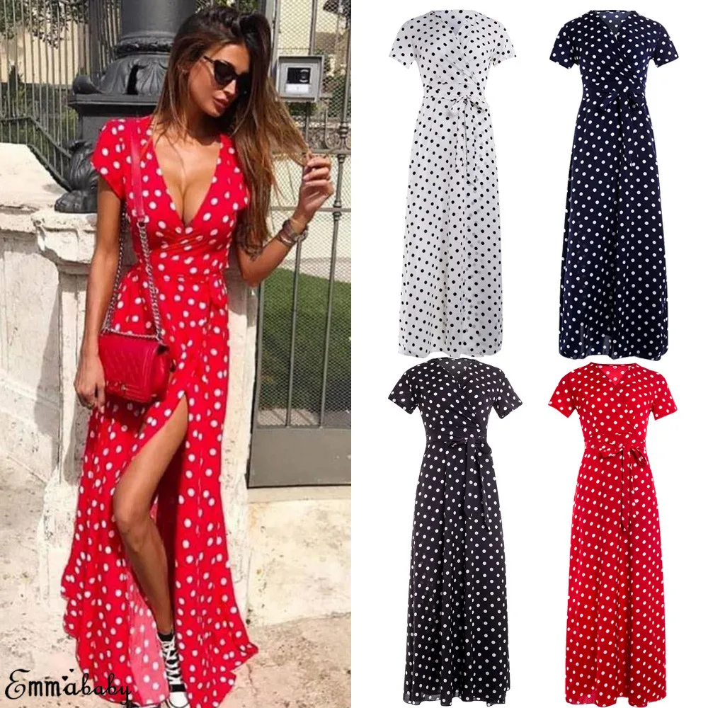 Women Wrap Summer Boho Polka Dot Maxi Dress Casual Ladies Short Sleeve V Neck Holiday Beach Long Sundress Fashion Wrap Sundress