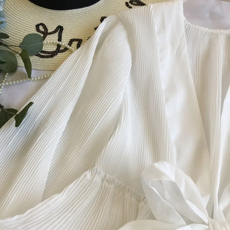 Весенняя женская шифоновая рубашка в складку с длинным рукавом и v-образным вырезом, плиссированная кружевная блузка с бантом, шифоновая блузка с рукавами-фонариками, женские топы