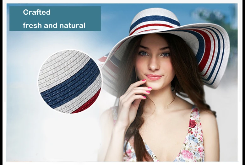 Модная шляпа от солнца с широкими полями для женщин, летняя Соломенная пляжная шляпа, Классическая полосатая шляпа с большими полями