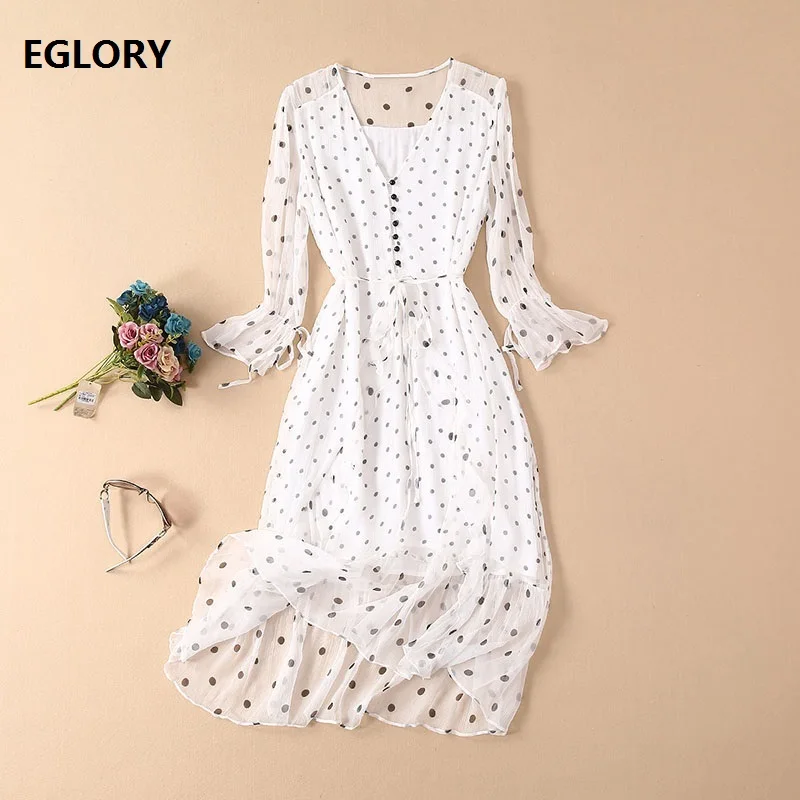 

100%Silk Dress New 2019 Summer Celebrity Inspired Women V-Neck Tunic Buttons Polka Dot Print Mid-Calf Party White Dress Luxury