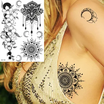 YURAN Fashion Chest Mandala Henna Flower Black India Moth Tattoo Waterproof Body Arm Neck Tattoos Temporary Fake Women Girl Tato