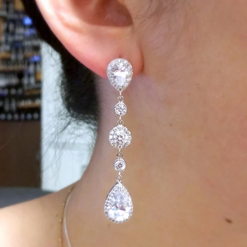 

Luxury Long Earrings For Women Wedding Jewelry Trendy Silver Color White Water Droplets Zircon Earring Pendientes Bijoux L5Q244