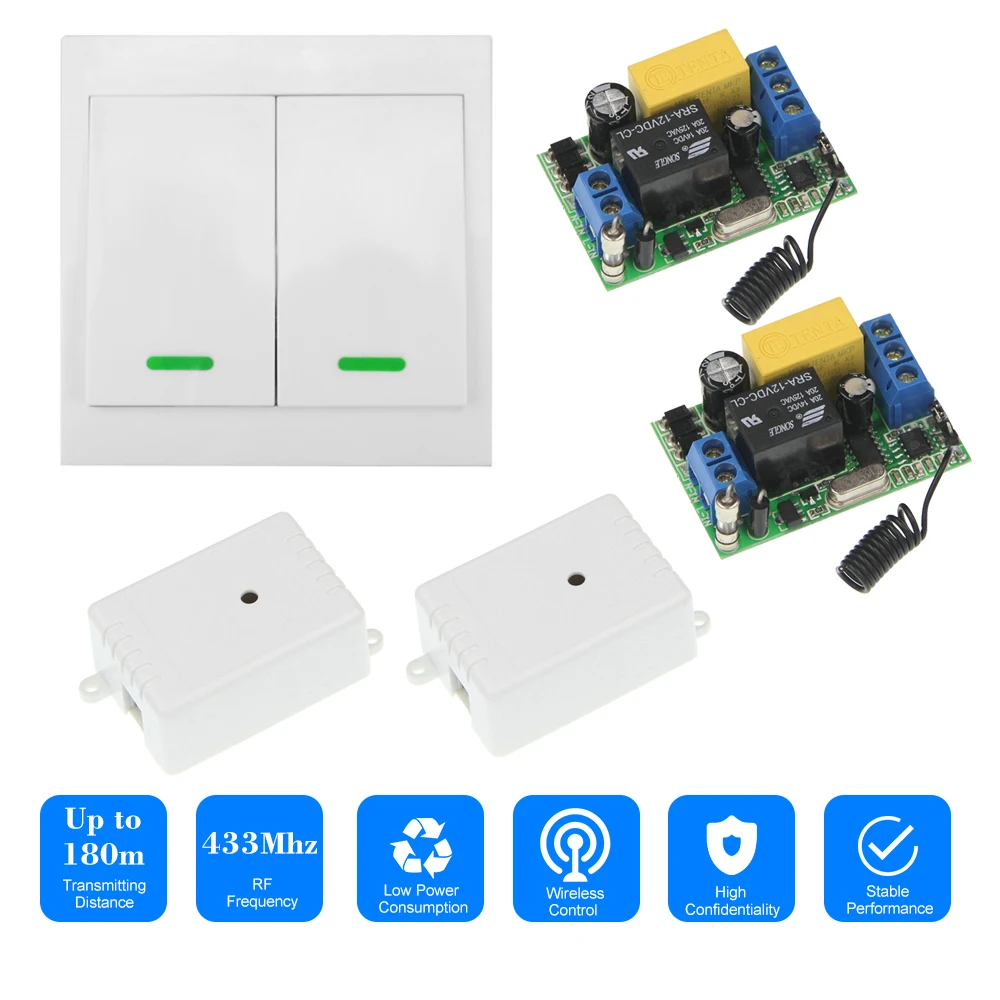 

2PCS Wireless Remote Control Switch AC 220V Receiver 433MHz Push Button Wall Light Switch Panel Remote Transmitter with Stickers