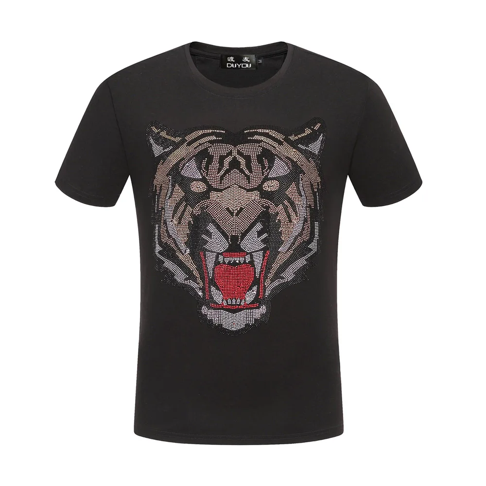 

DUYOU 2019 mens designer t shirts men short sleeve fashion rhinestone Tiger head man t-shirt male high quality 100% cotton tees