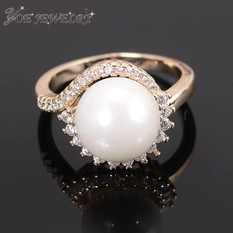 

IYoe Pearl Jewelry Gold Color Flower Pearl Rings 2019 Summer Style Classic Zircon Ring For Women Valentine Gift