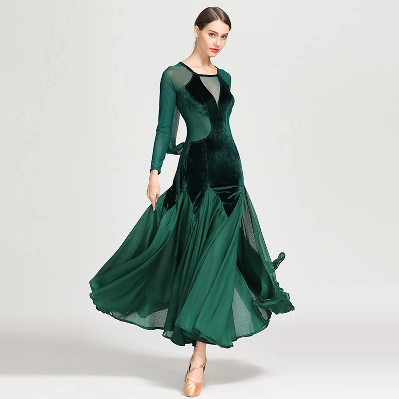 

Lady Modern Dancing Dress Long Sleeve O Neck National Standard Dance Wear Waltz Ballroom Dance Costumes Velvet Dance Suit D0752