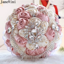JaneVini элегантные свадебные букеты для свадьбы, искусственные атласные цветы розы с кристаллами из бисера, брошь для невесты, Trouw Boeket