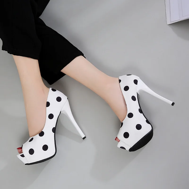 New Platform High Heel Polka Dot Sweet Silk Satin Shallow Mouth Fish Mouth Single Shoes Women Shoes Offwhite Shoes High Heels