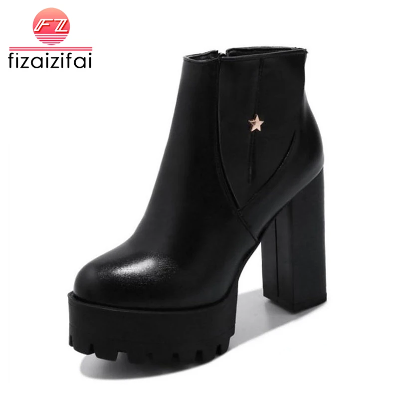 

FizaiZifai Size 32-43 Women Thick High Heel Ankle Winter Boots For Women Zipper Thick Platform Warm Plush Inside Botas Footwear