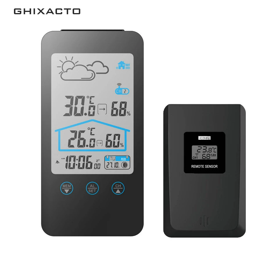 

Wireless Digital Weather Station Thermometer Sensor Indoor/Outdoor Temperature Humidity Meter Hygrometer Touch Clock Moon Phase