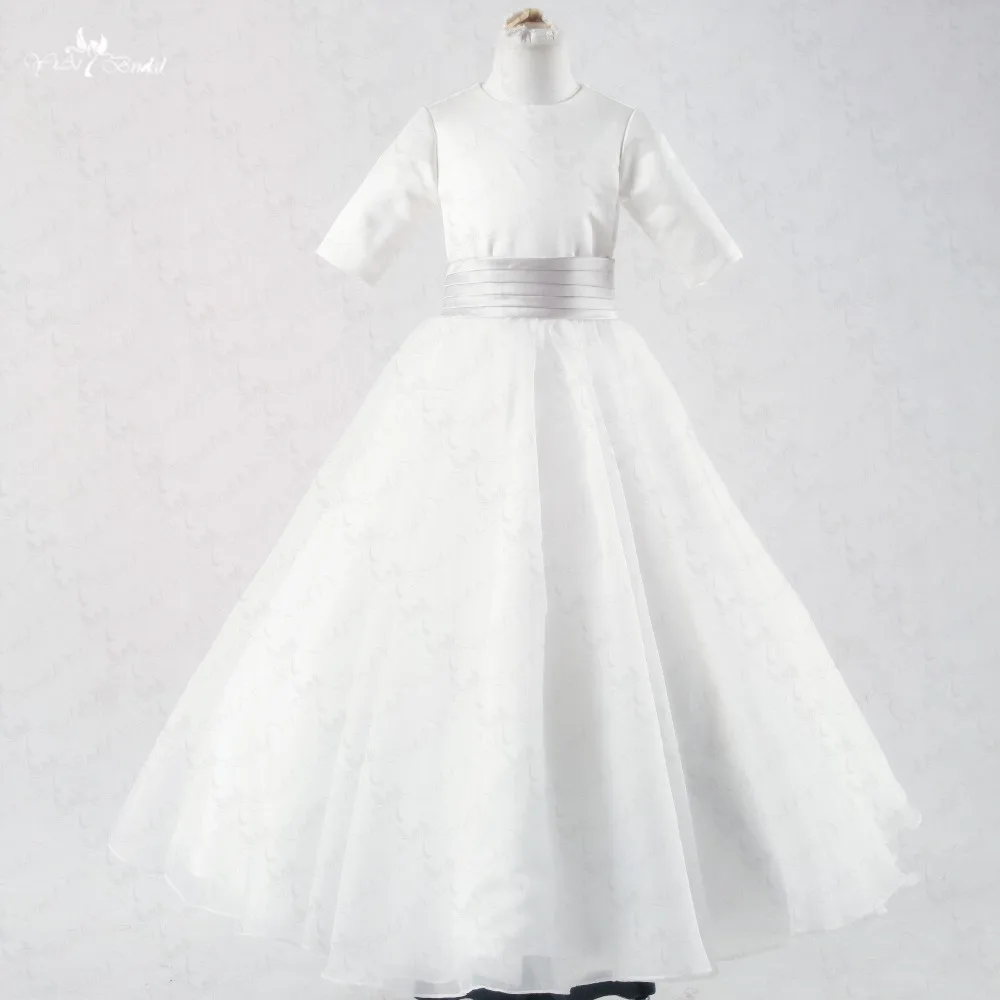 

FG44 O Neckline Silver Belt Bow Ribbon White Long Sleeve Flower Girl Dresses