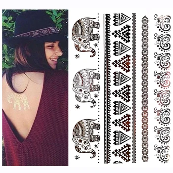 

1PC Hot Flash Metallic Waterproof Temporary Tattoo Gold Silver Men Women Henna Thailand elephants Design Tattoo Sticker