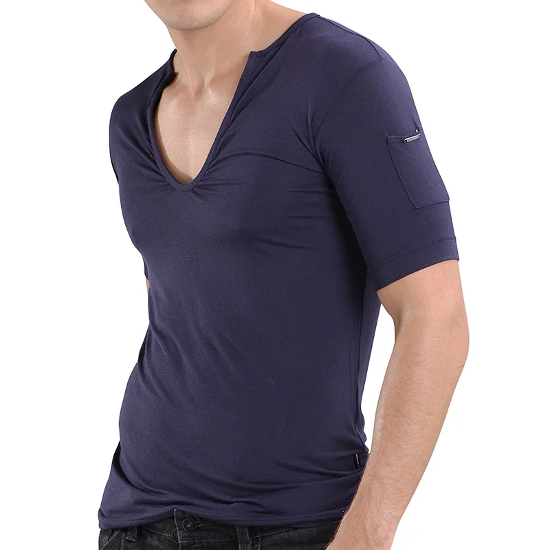 KalvonFu топ модный бренд Мужская футболка s Мужская фитнес дышащая футболка с u-образным вырезом тонкая однотонная Модальная рубашка - Цвет: Dark Blue