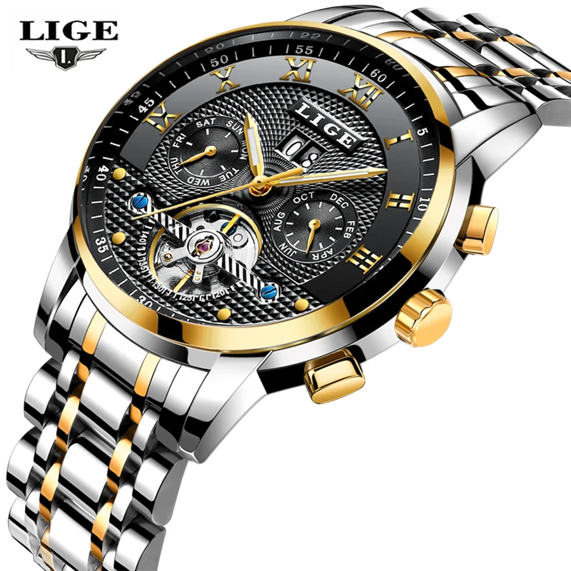 

2019 LIGE Men's Skeleton Wrist Watch Full Steel Tourbillon Automatic Mechanical Watches Male Clock Fashion Sport Watch Relogio