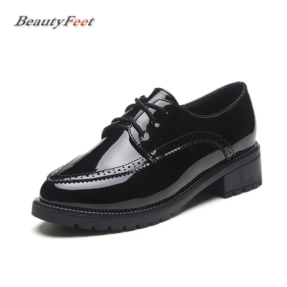 

BeautyFeet PU Leather Women Shoes Female British Pointed Toe Cross Tie Student Casual Shoes Woman Oxford Brogue Platform Shoes