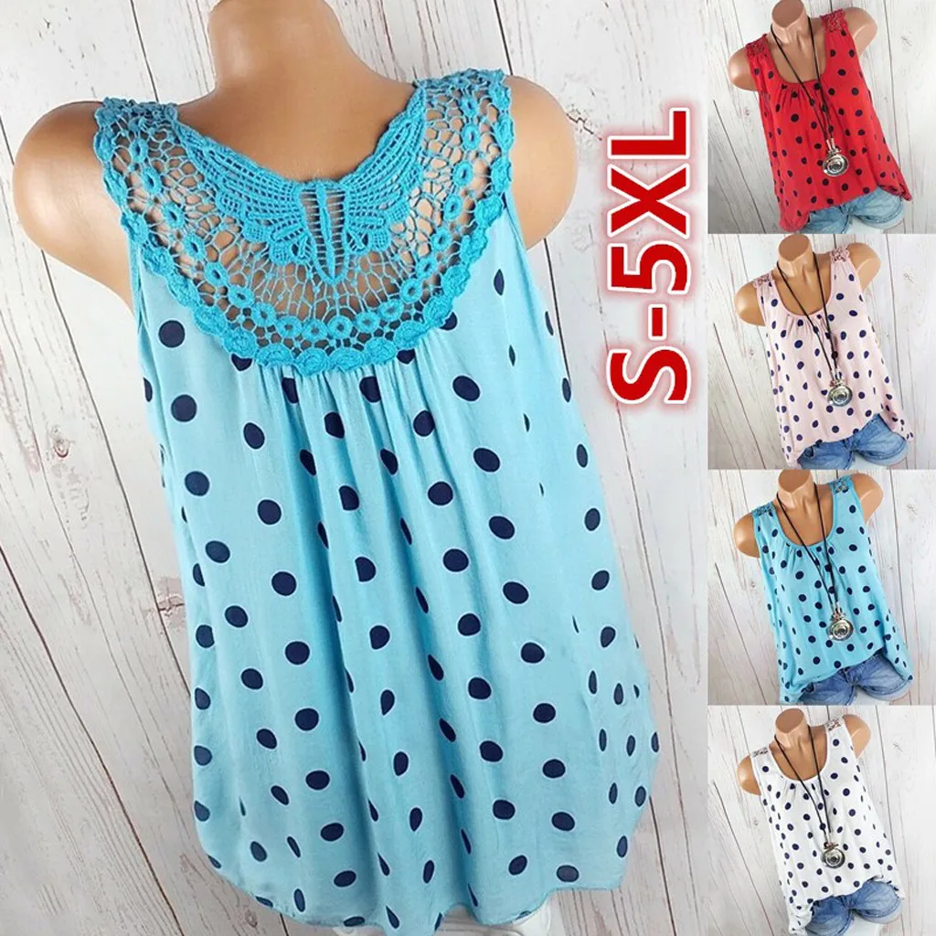 

FREE OSTRICH Women T Shirts Large Size Sleeveless Polka Dot Lace O-Neck Loose Trend Elegant Noble Summer T-Shirt For Women