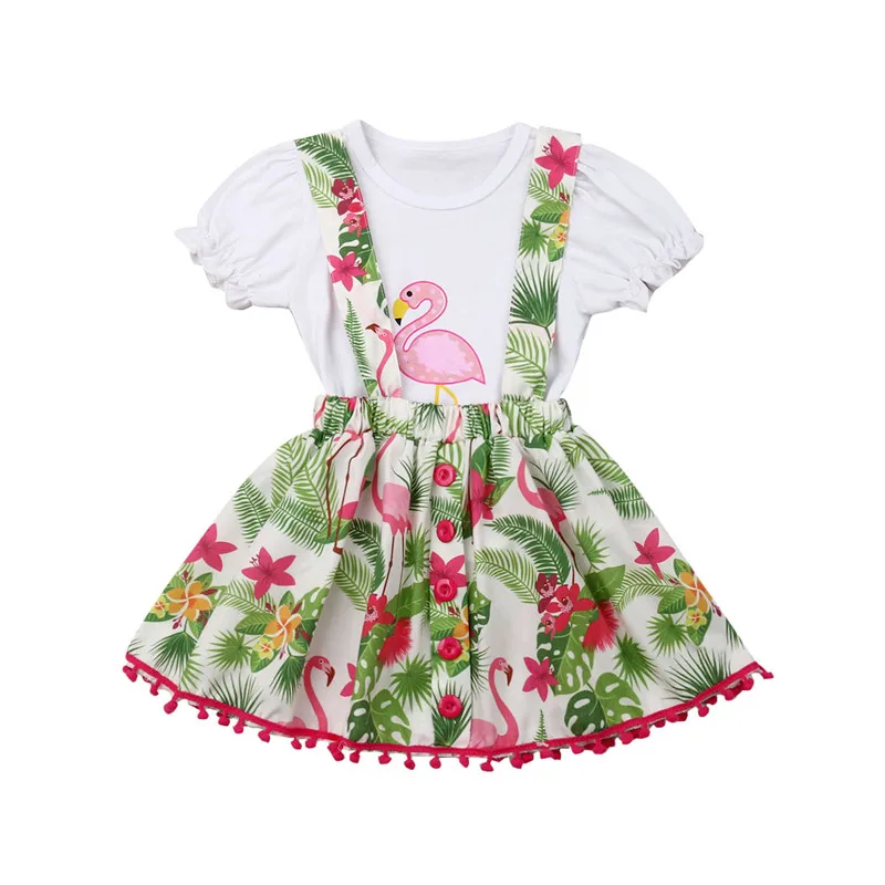 

Newest Newborn Baby Girl Clothes Short Sleeve casual T-shirt+Skirt Overalls Flamingo Print Floral Outfits Sets 1-7T Sundress Hot