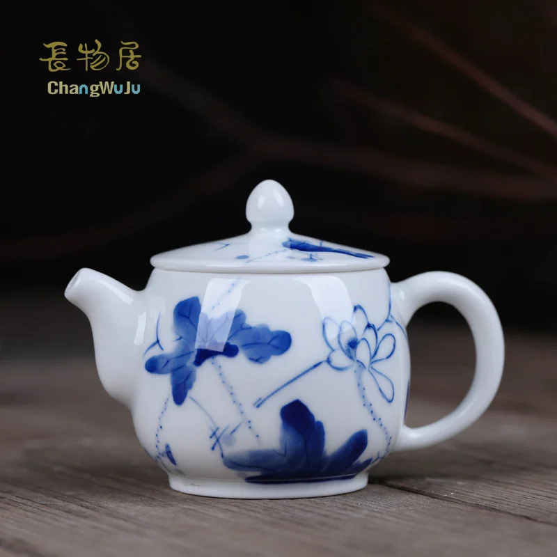 Красивый китайский чайник Changwuju фарфоровый ручной работы с сине белым