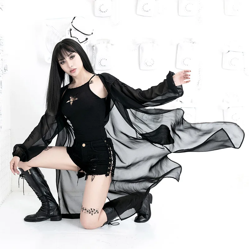 

Summer Beach Dress Women Fashion Chiffon Gothic Sexy See Through Mesh Sunscreen Long Sleeve Hooded Streetwear Black Dresses