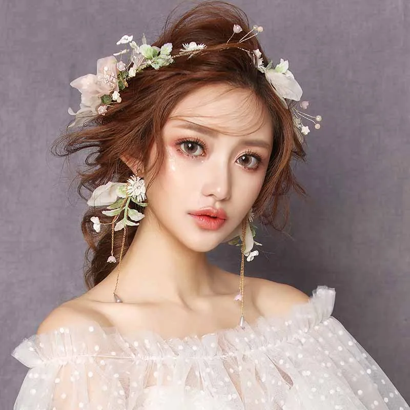 Романтичный цветок ручной работы Венок Корона и серьги набор для повязка на голову для невесты свадебный головной убор украшения для волос вечерние украшения для волос