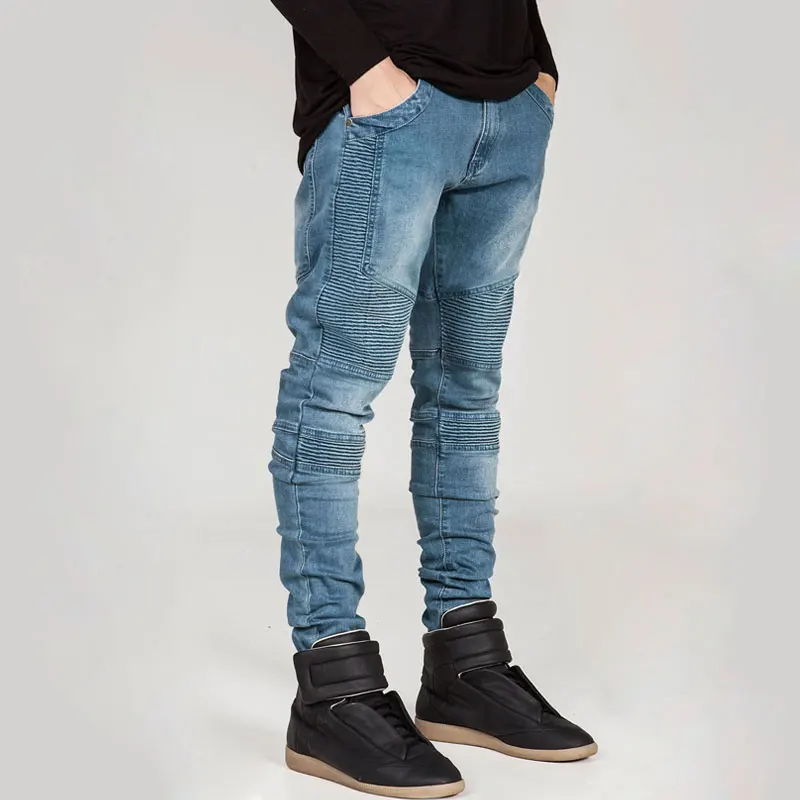 

2017 New Biker Denim Jeans Men Locomotive Retro Slim Pants Pleated Design Fashion Skinny Jeans Trousers Denim Pencil Pants 29-38