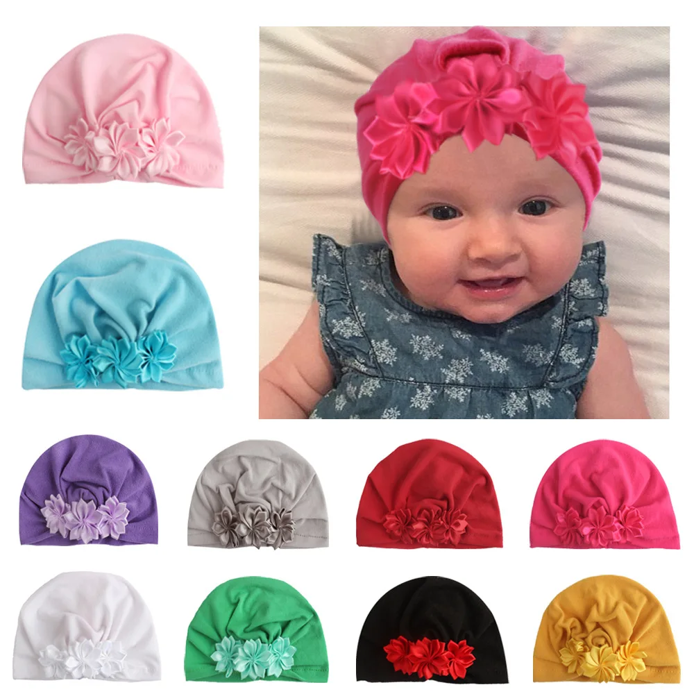 New Infant Newborn Caps with Ribbon Flowers Cotton Blend Kont Turban Girls Children Stretchy Beanie Hat Baby Hair Accessories