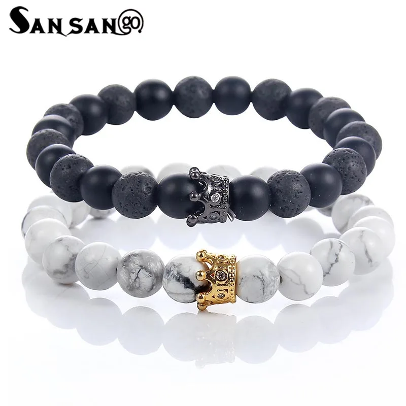 

1pcs New Couples Distance Bracelet Natural Volcanic Scrub Stone White Black Crown Beaded Bangle/Bracelet For Women Men Jewelry