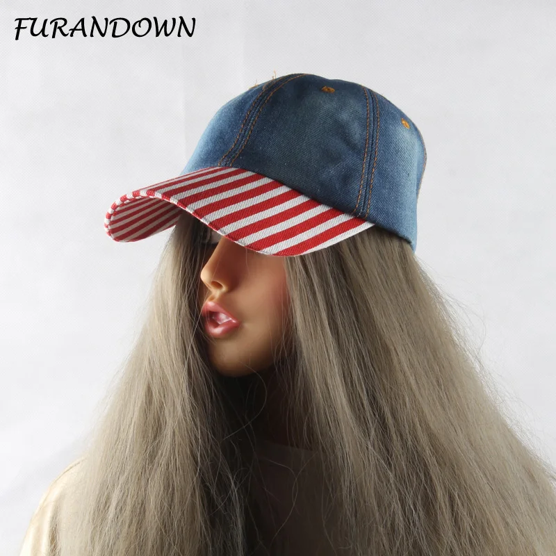 

FURANDOWN 2017 New Summer Denim Caps Women Branded Fitted Baseball Cap Striped Hip Hop Hat Snapback Cap