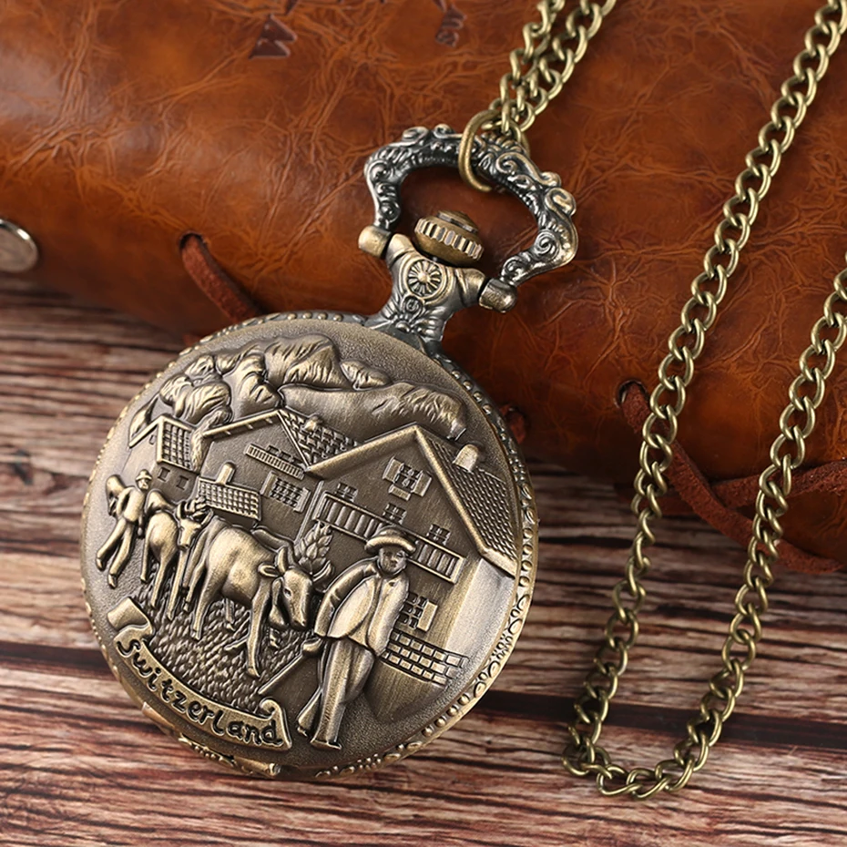 New Arrival Men Cow Carving Pocket  Watch Quartz-battery Clock Retro Pendant  Cattle Farming Drawing Birthday Gift               (4) - 