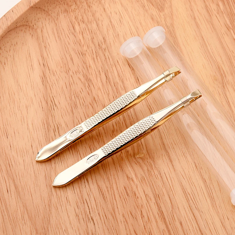 

1pcs Eyebrow Tweezer Golden Stainless Steel Slant Flat Tip Hair Removal Makeup Clip Tool Kit Face Beauty Trimmer Storage Box