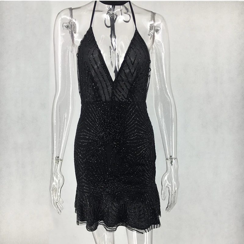 FREE SHIPPING Gold Sequin Dress Halter Backless Women Party Dress Mini ...