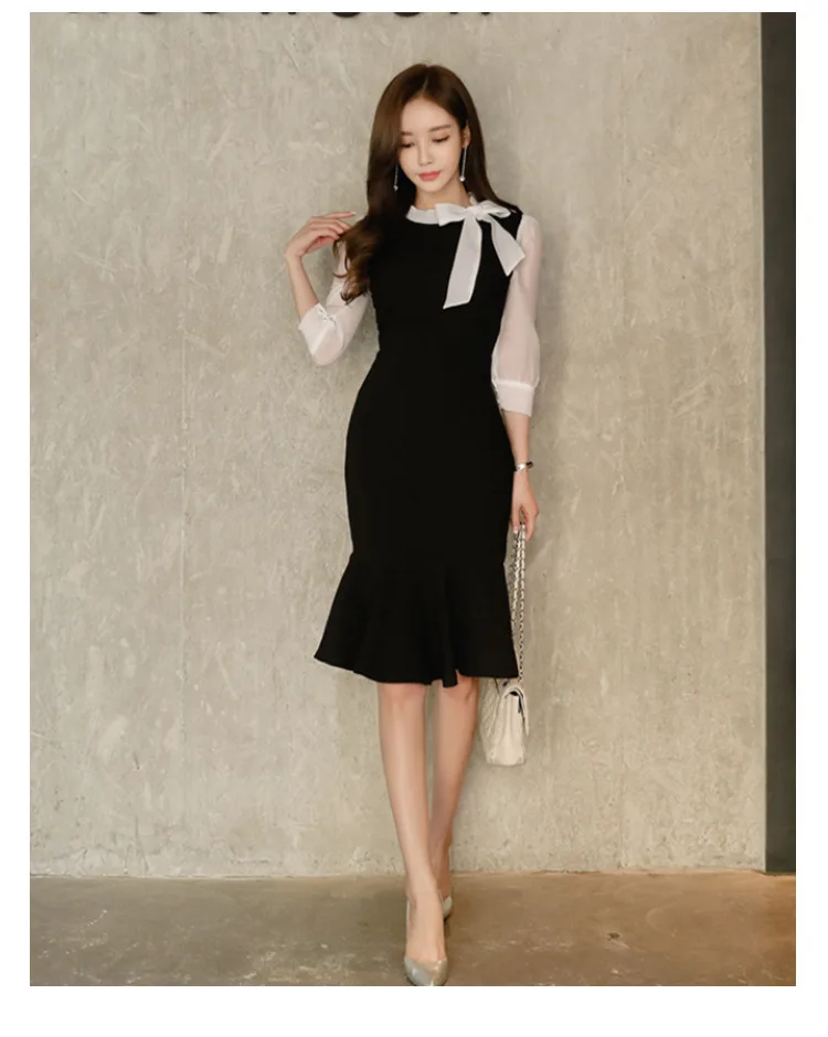 Летнее женское лоскутное платье-Русалка плюс размер черный длинный рукав бант винтажное офисное женское платье Элегантное рабочее Клубное платье миди