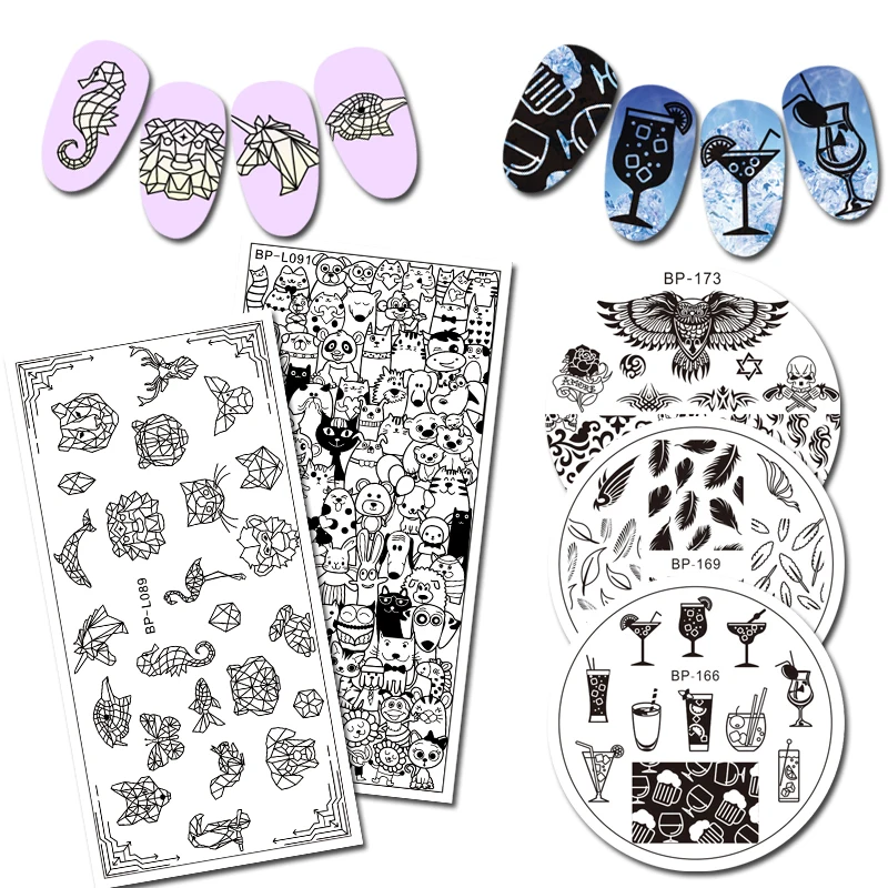 

BORN PRETTY Round Rectangle Stamping Plate Cartoon Animal Feather Skeletons Eagle Totem Manicure Nail Art Image Plate DIY Tool