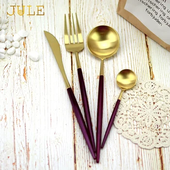

Dinnerware Set 304 Stainless Steel Purple Gold Dinner Knives Forks Scoop Royal Cutlery Cutlery Sets Golden Restaurant Tableware