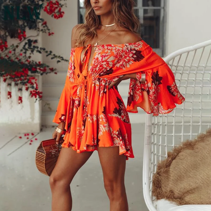 NLW Boho Off Shoulder Women Palysuit Floral Beach Summer Short Jumpsuit Romper 2018 Flare Sleeve Sexy Casual Playsuit