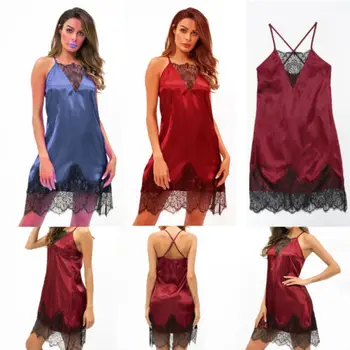 

New 2019 Summer Women Satin Silk Sleepwear Nightdress Night Dress Lace Floral Patchwork V neck Dresses