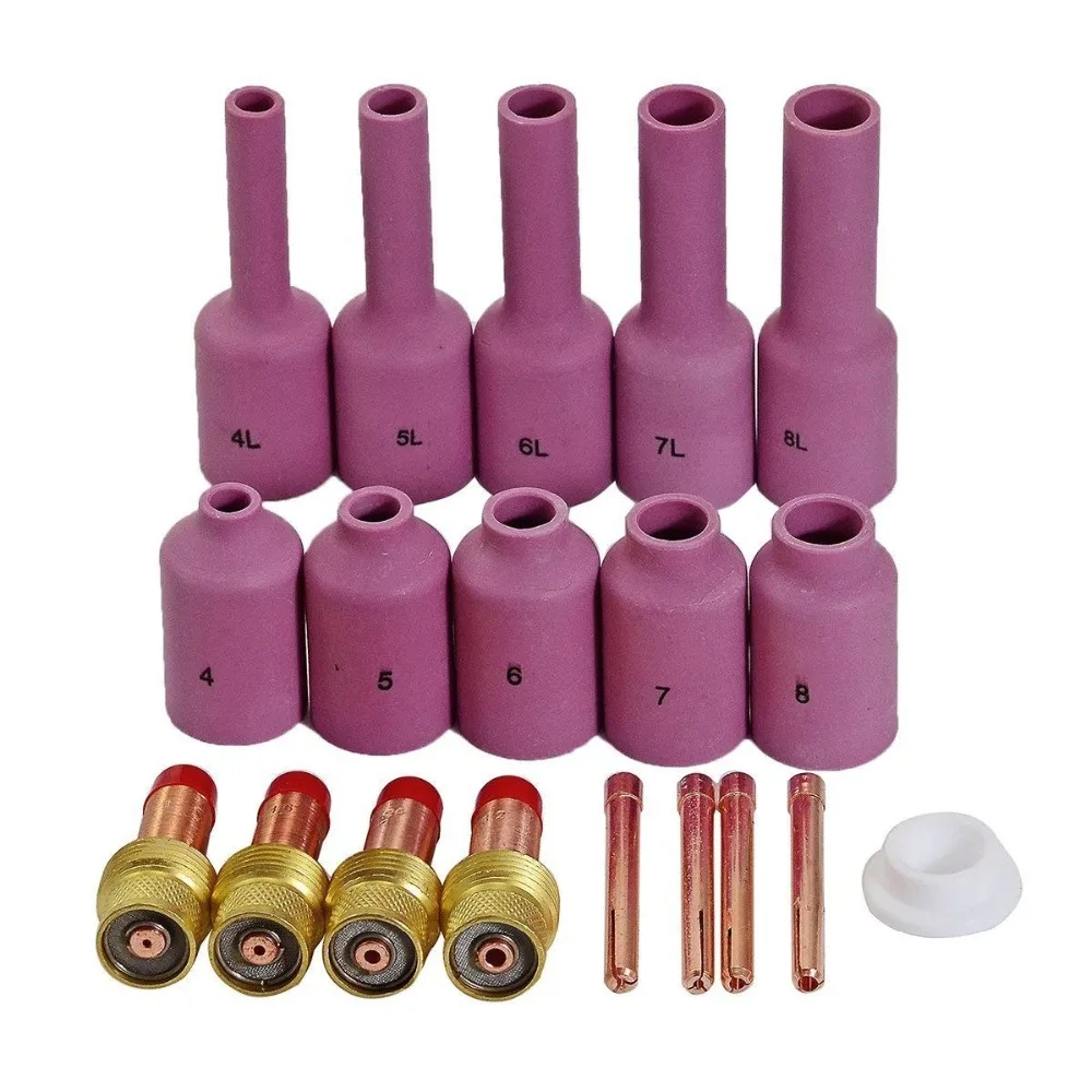 

Free shipping 19PCS TIG KIT Long Gas Lens & Long Alumina Cup Fit TIG Welding Torch PTA DB SR WP 17 18 26 Series,M25